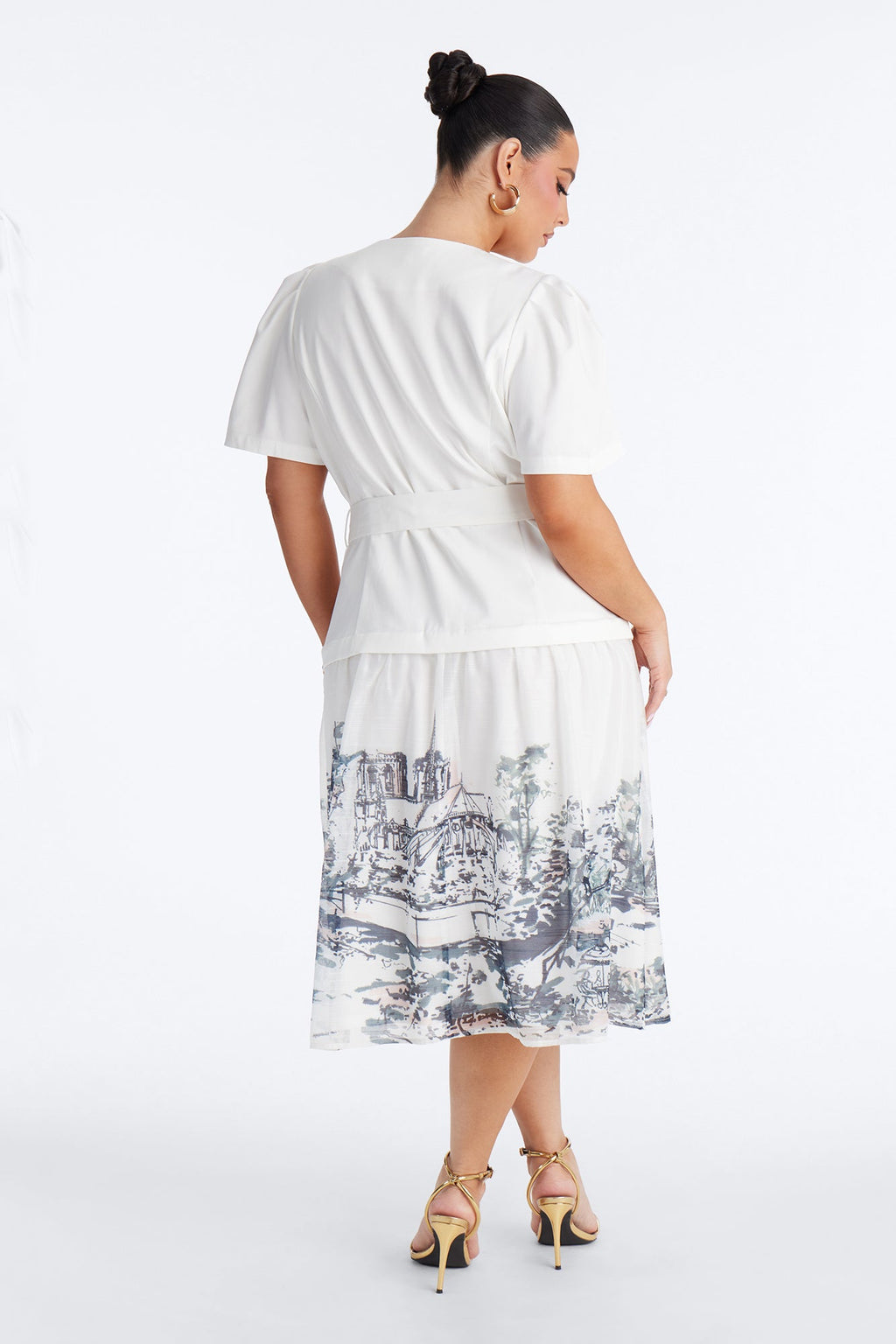Margaret Belted Print Midi Dress - White/Blue