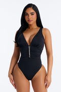 Shore Walks Ruching Hardware 1 Piece Swimsuit - Black