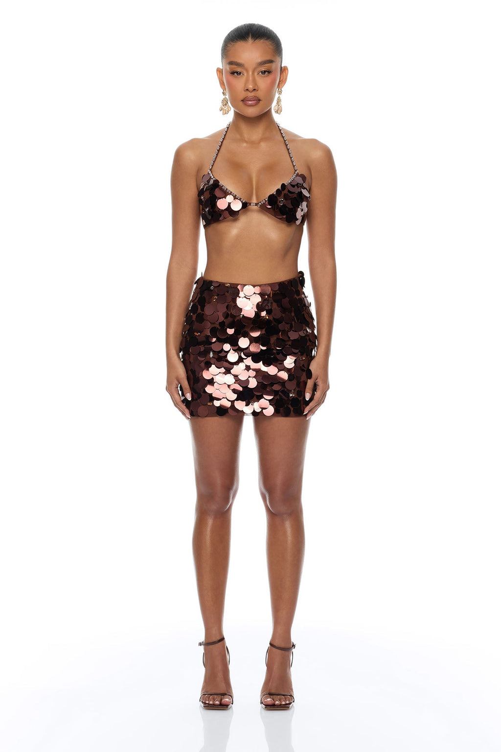 Mermaid Dreams Embellished Sequin Micro Mini Skirt Set - Brown