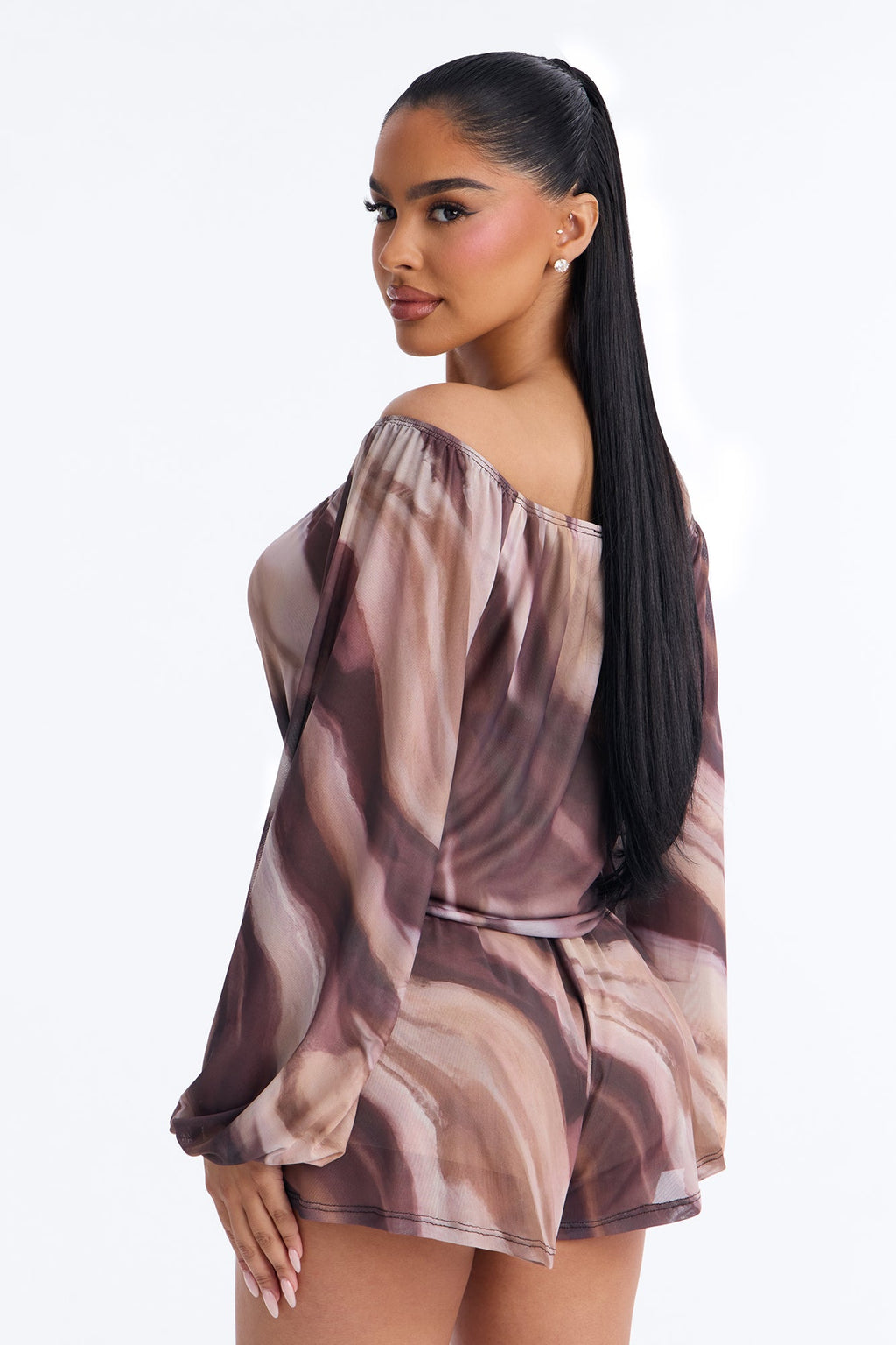 Rana Mesh Off Shoulder Romper - Brown