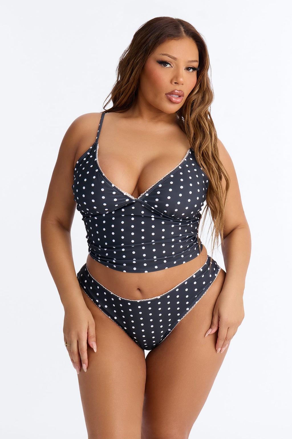 Fatima Polka Dot Tank Top Lace Trim 2 Piece Bikini - Black/combo