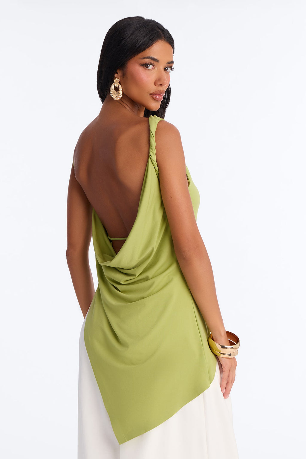 Elara Asymmetrical Twist Sleeveless Long Top - Chartreuse