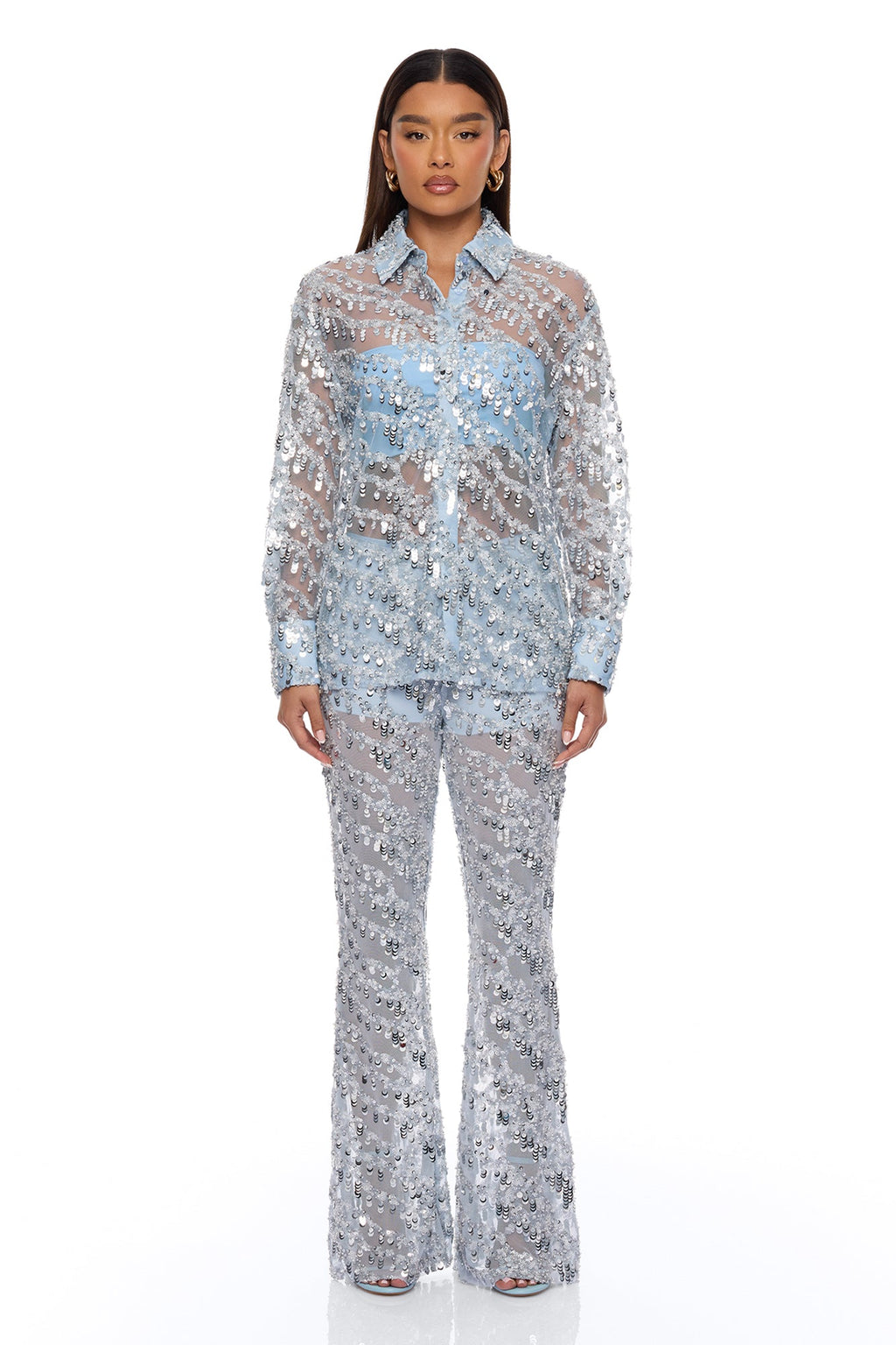 Zariah Sheer Sequin Top - Light Blue