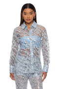 Zariah Sheer Sequin Top - Light Blue