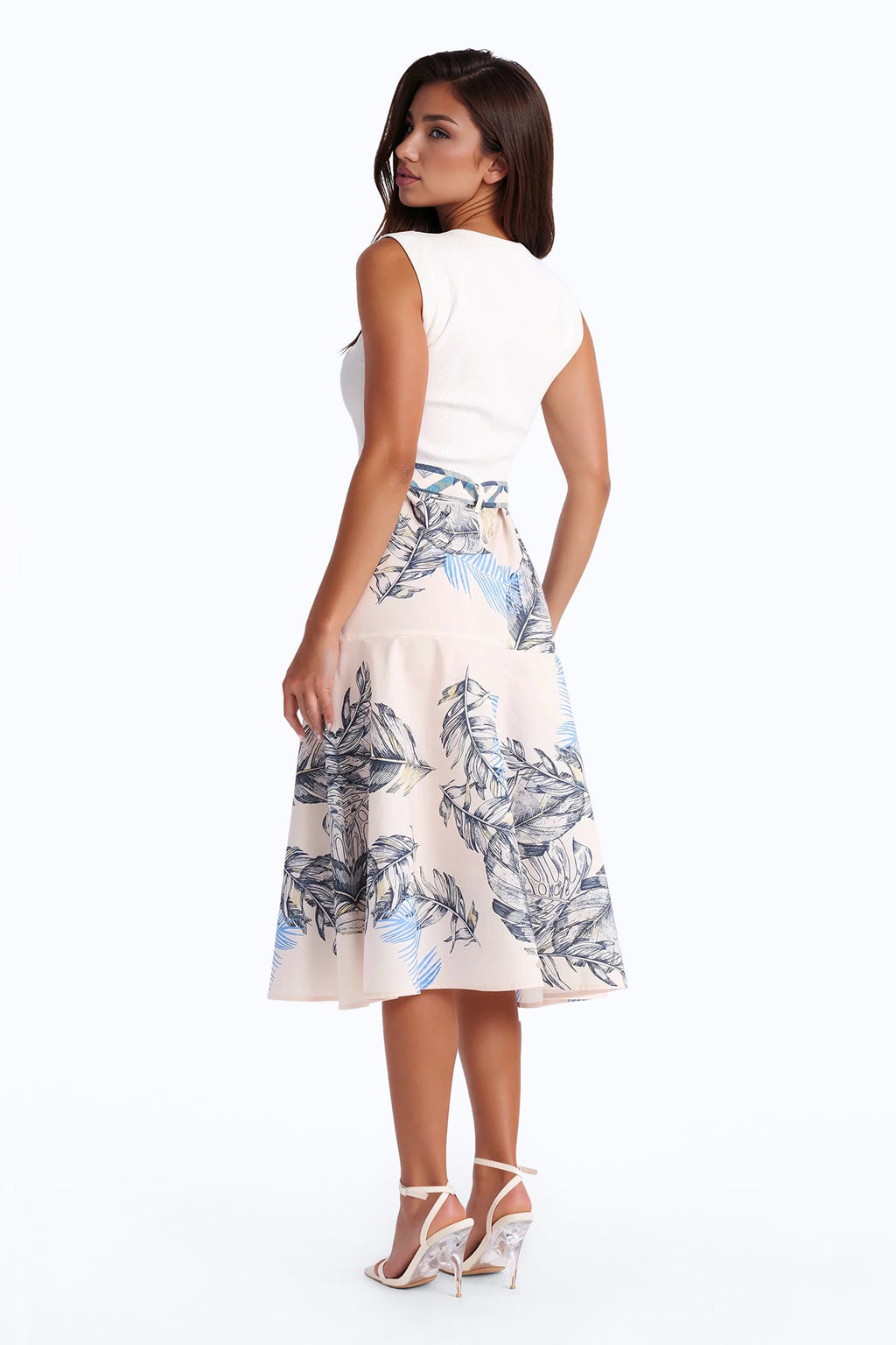 Eleanor Belted Printed Midi Dress - White/combo