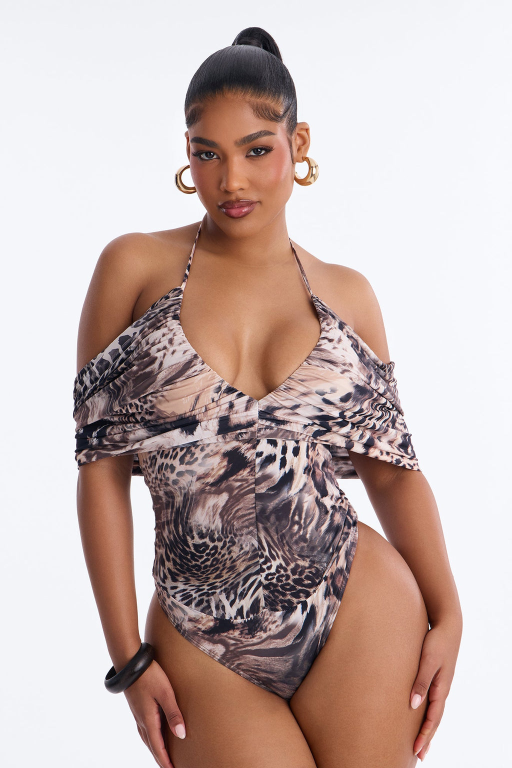 Savanna Ruched Short Sleeve Cape Bodysuit - Brown/combo