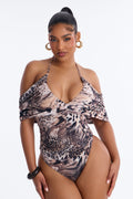 Savanna Ruched Short Sleeve Cape Bodysuit - Brown/combo