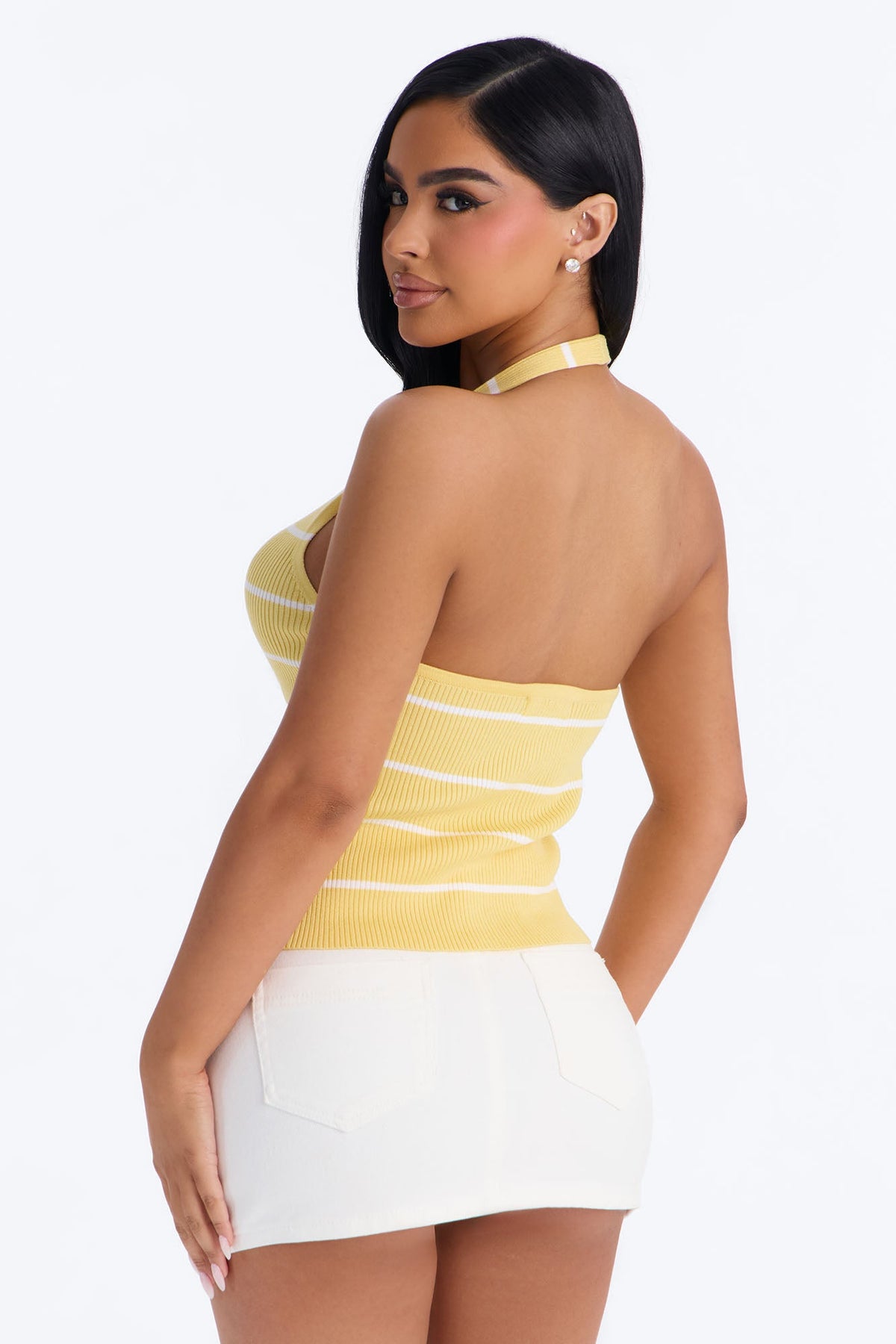 Katrina Striped Ribbed Halter Top - Yellow/combo