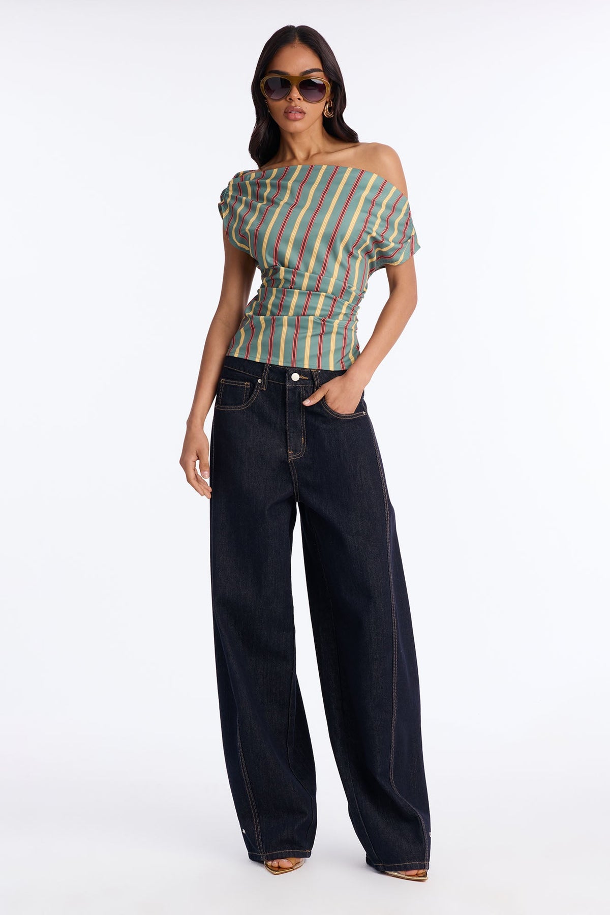 Set The Tone One Shoulder Striped Top - Green/combo