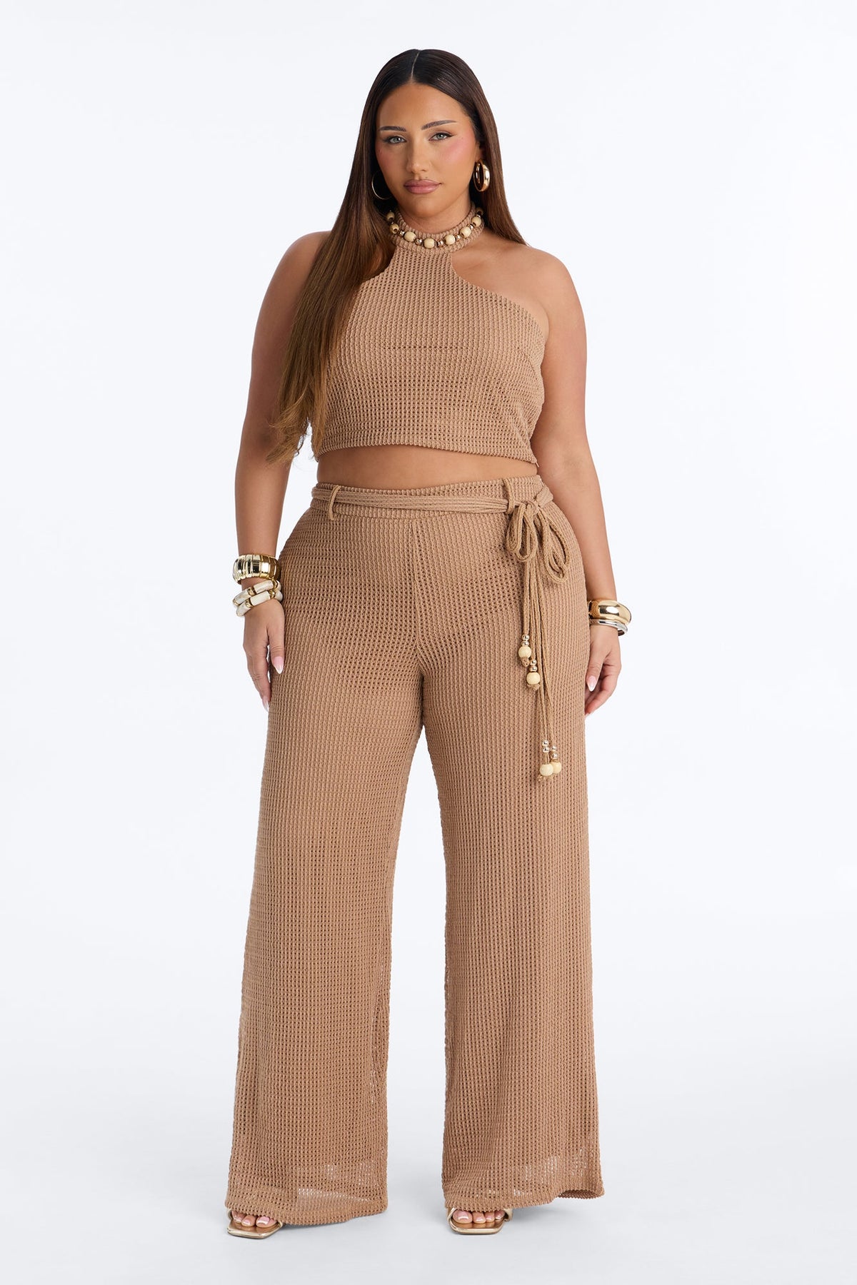 Shoreline Chic Beaded Halter Crochet Pant Set - Camel