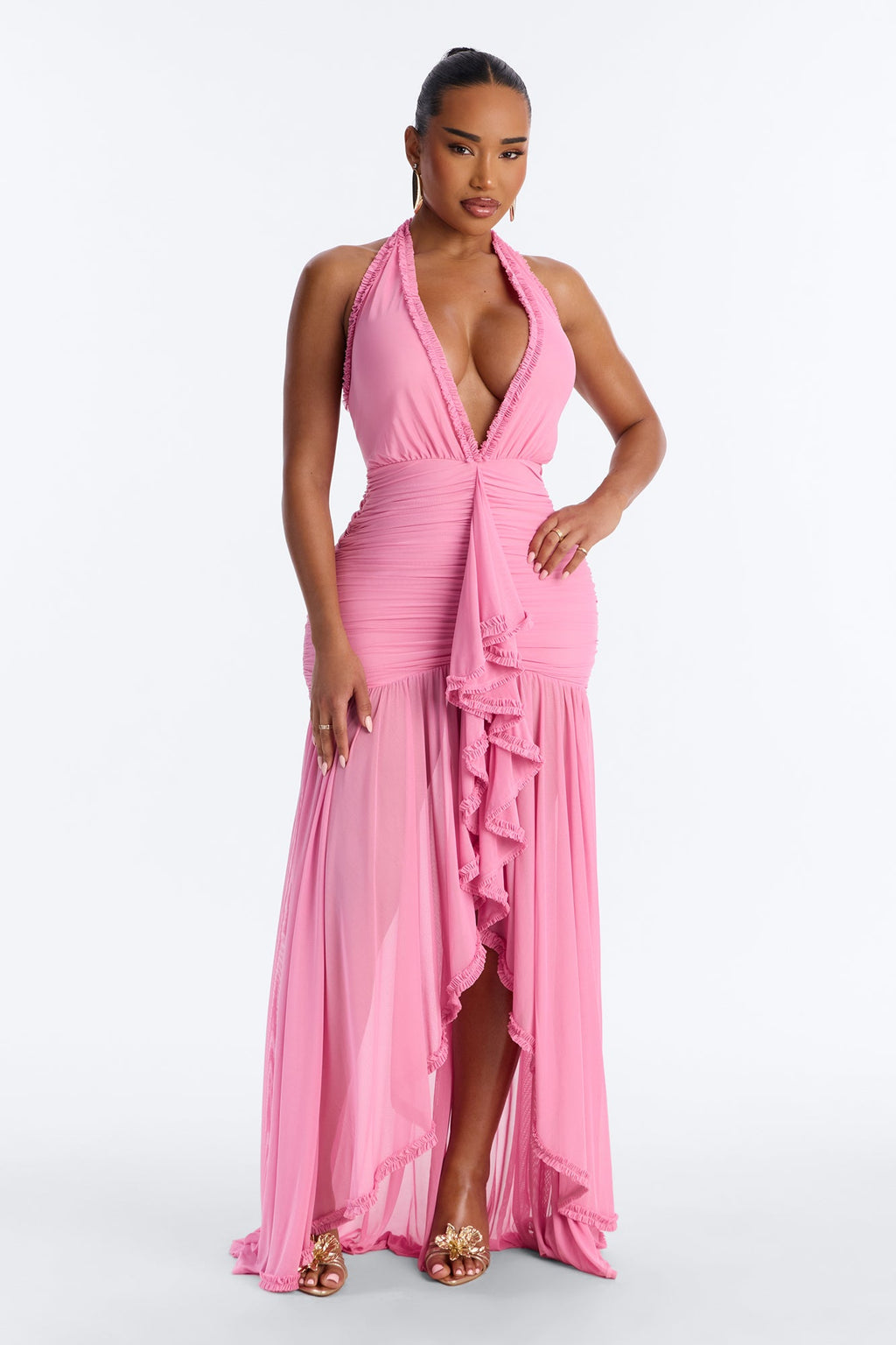 Alessandra Ruched Ruffle Gown - Pink