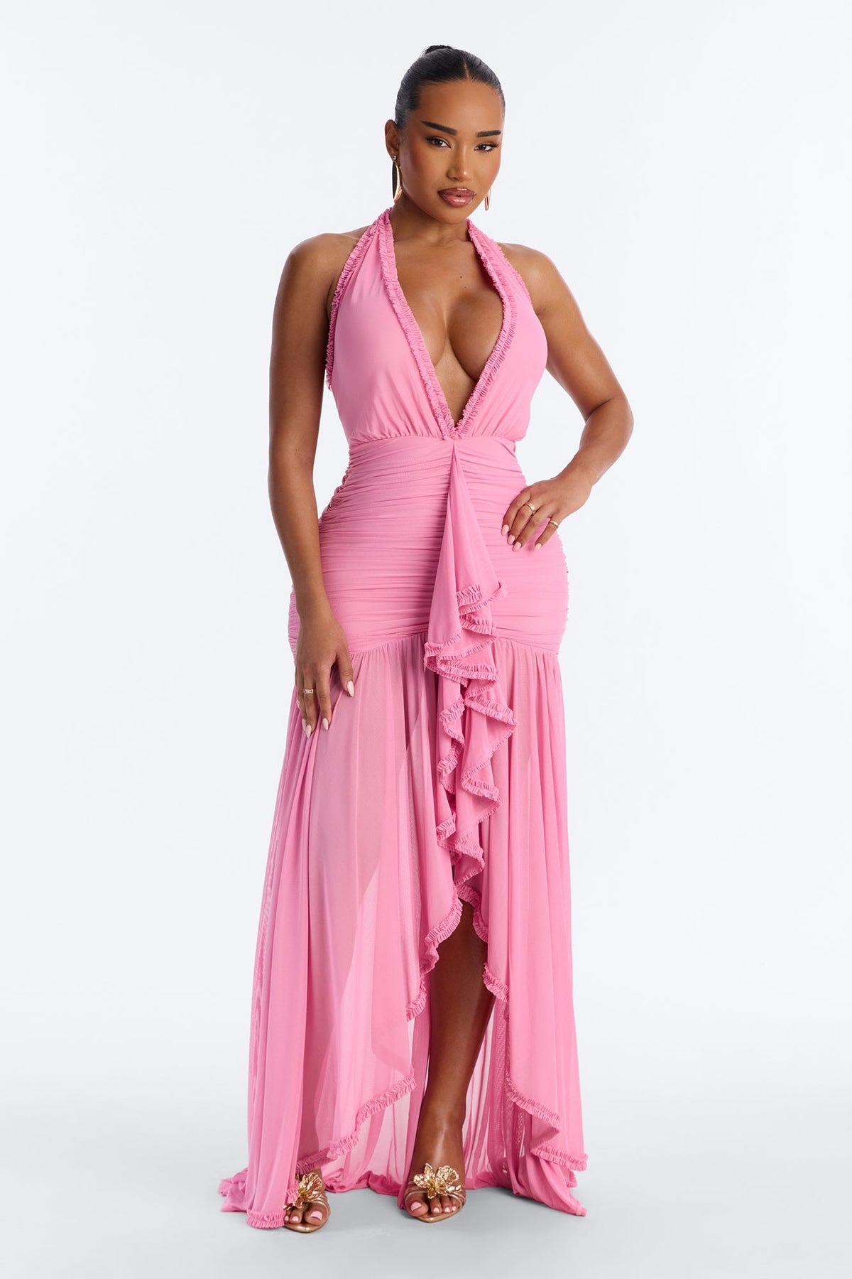 Alessandra Ruched Ruffle Gown - Pink