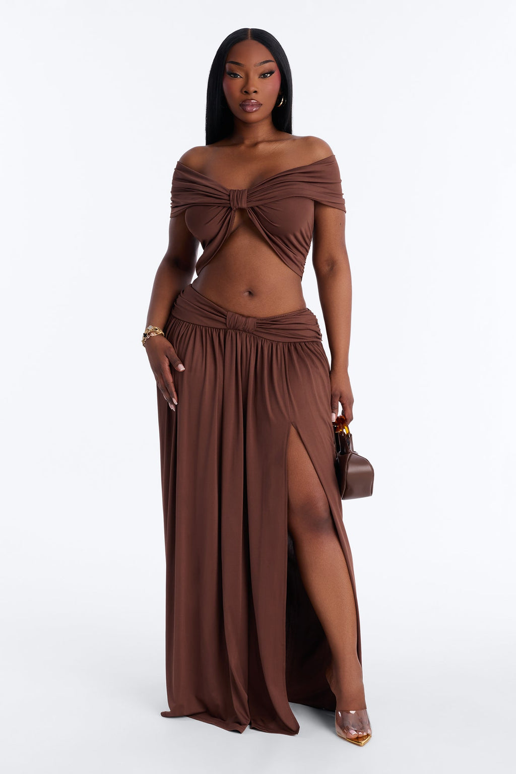 Rae Ruched Off The Shoulder Knit Top - Chocolate
