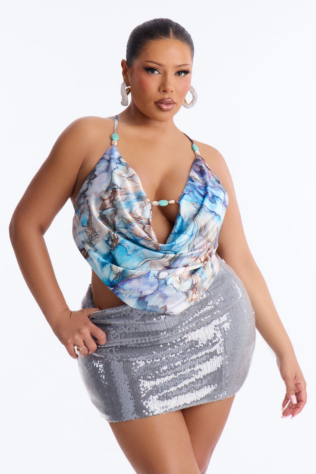Sugar High Beaded Satin Halter Top - Blue/combo