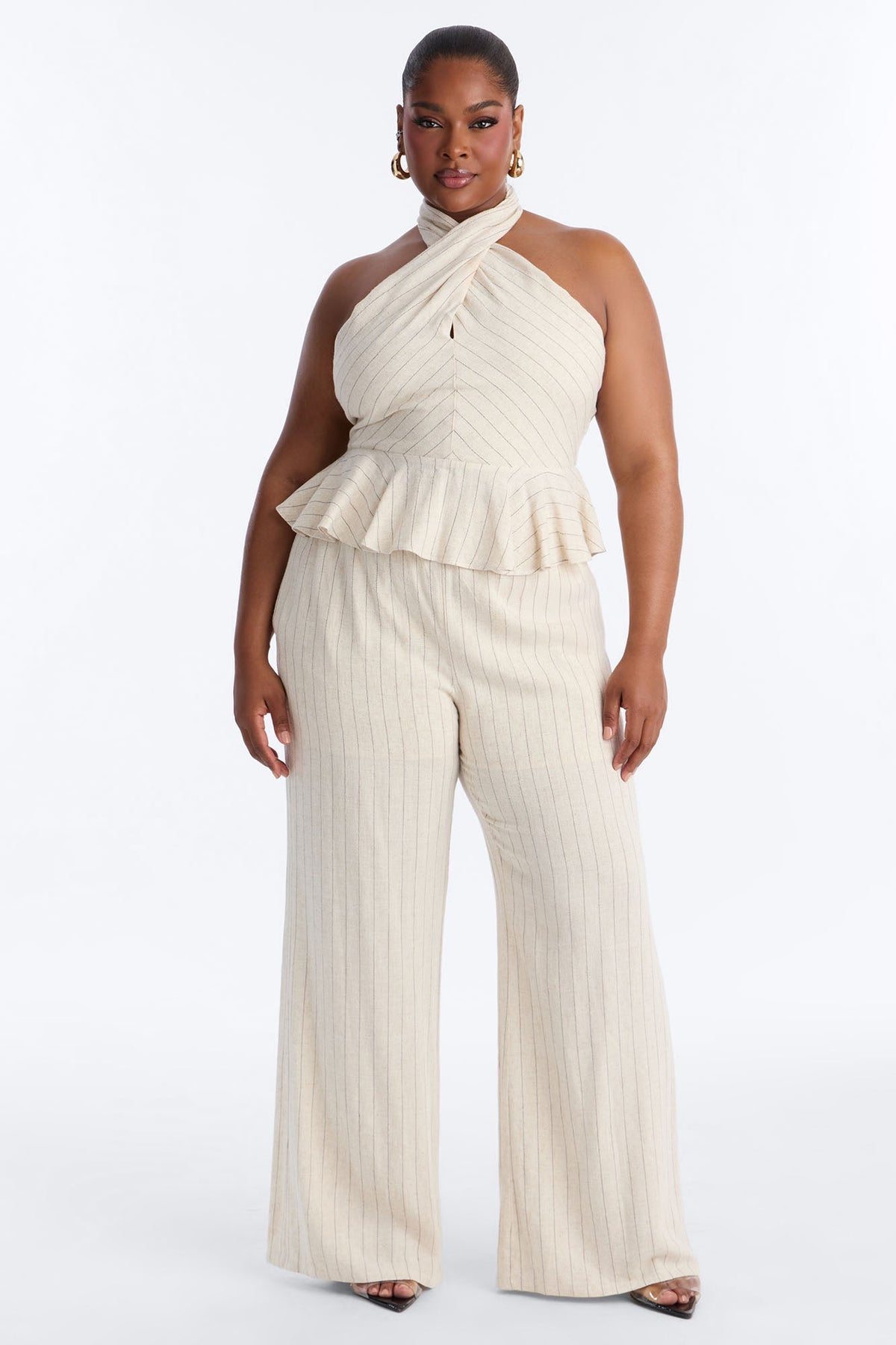 Making Headlines Pinstripe Linen Pant Set - Cream
