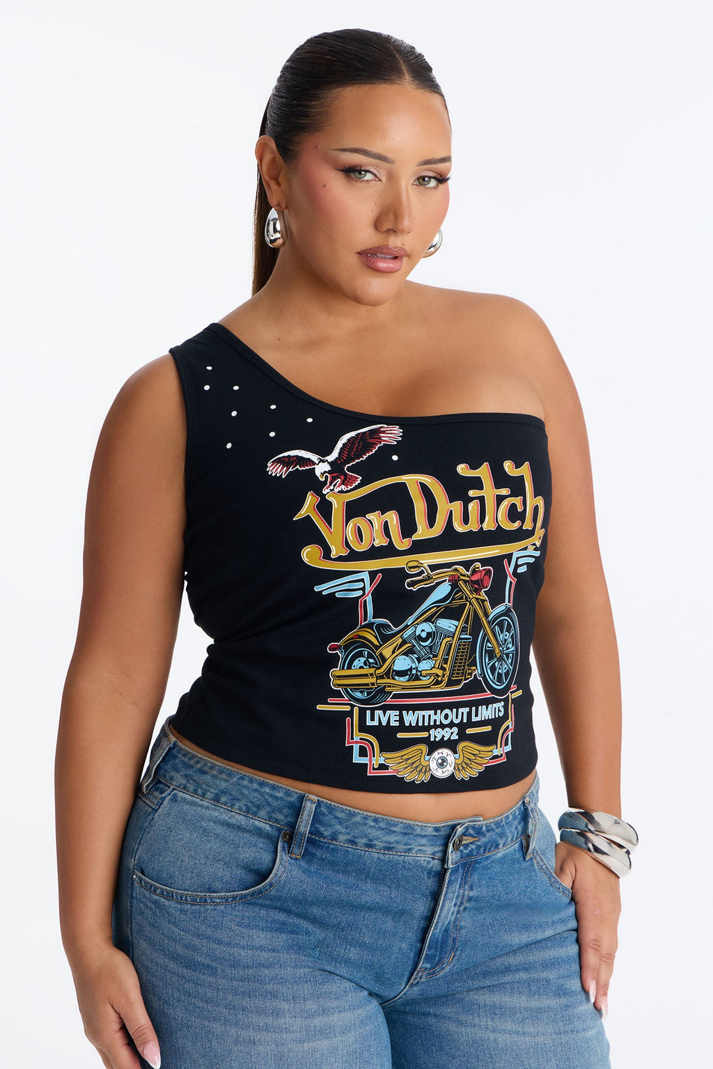 Von Dutch Rocker One Shoulder Tank With Studs - Black