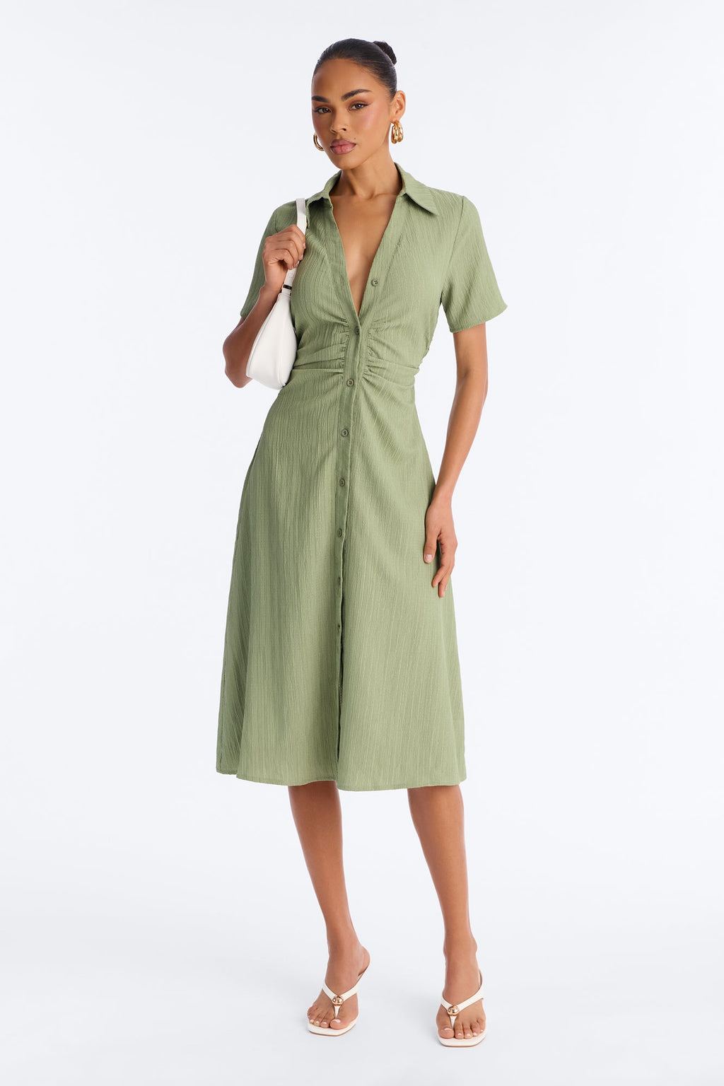 Carmen Ruched Shirt Midi Dress - Olive