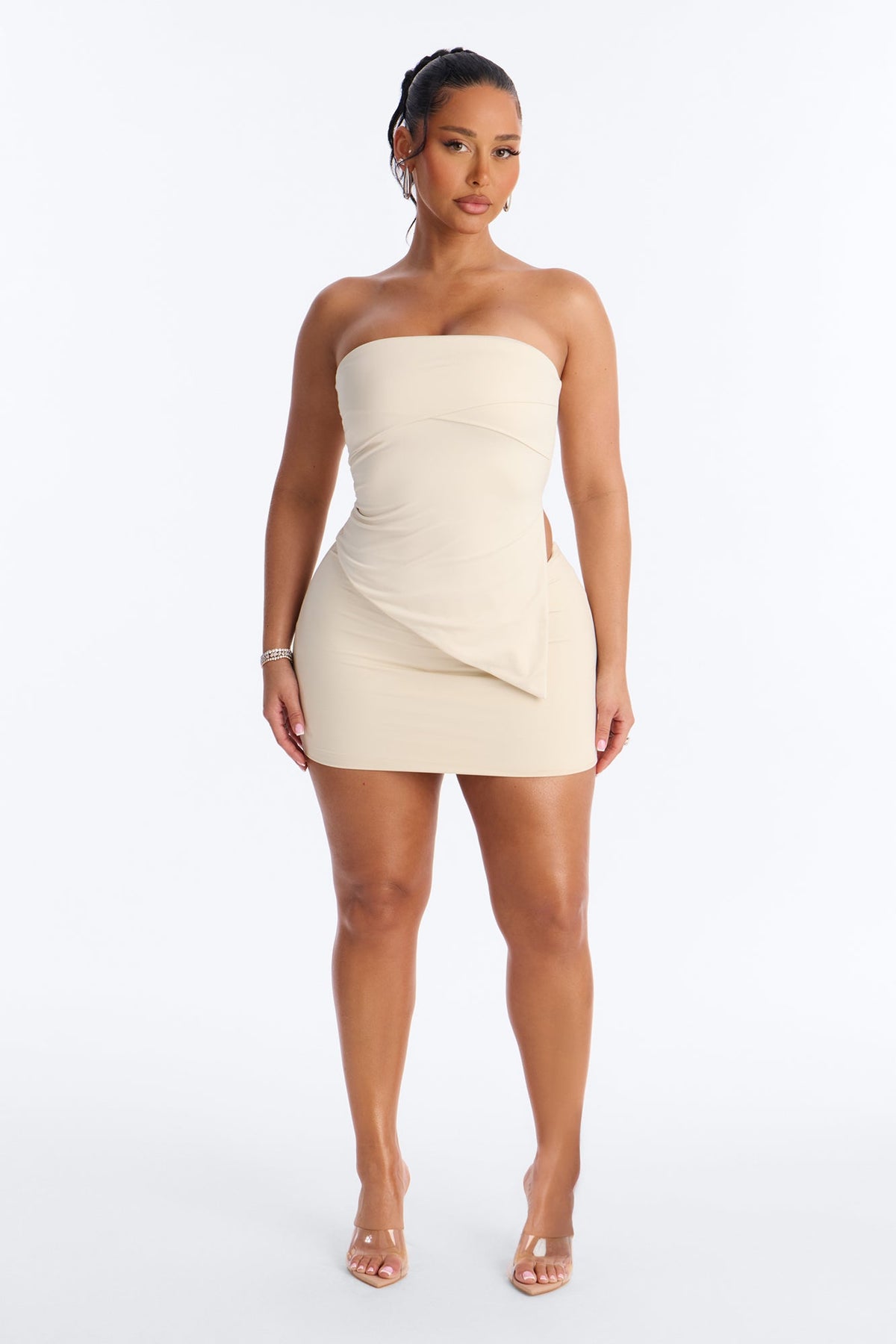Contour Double Lined Asymmetrical Split Tube Top - Bone