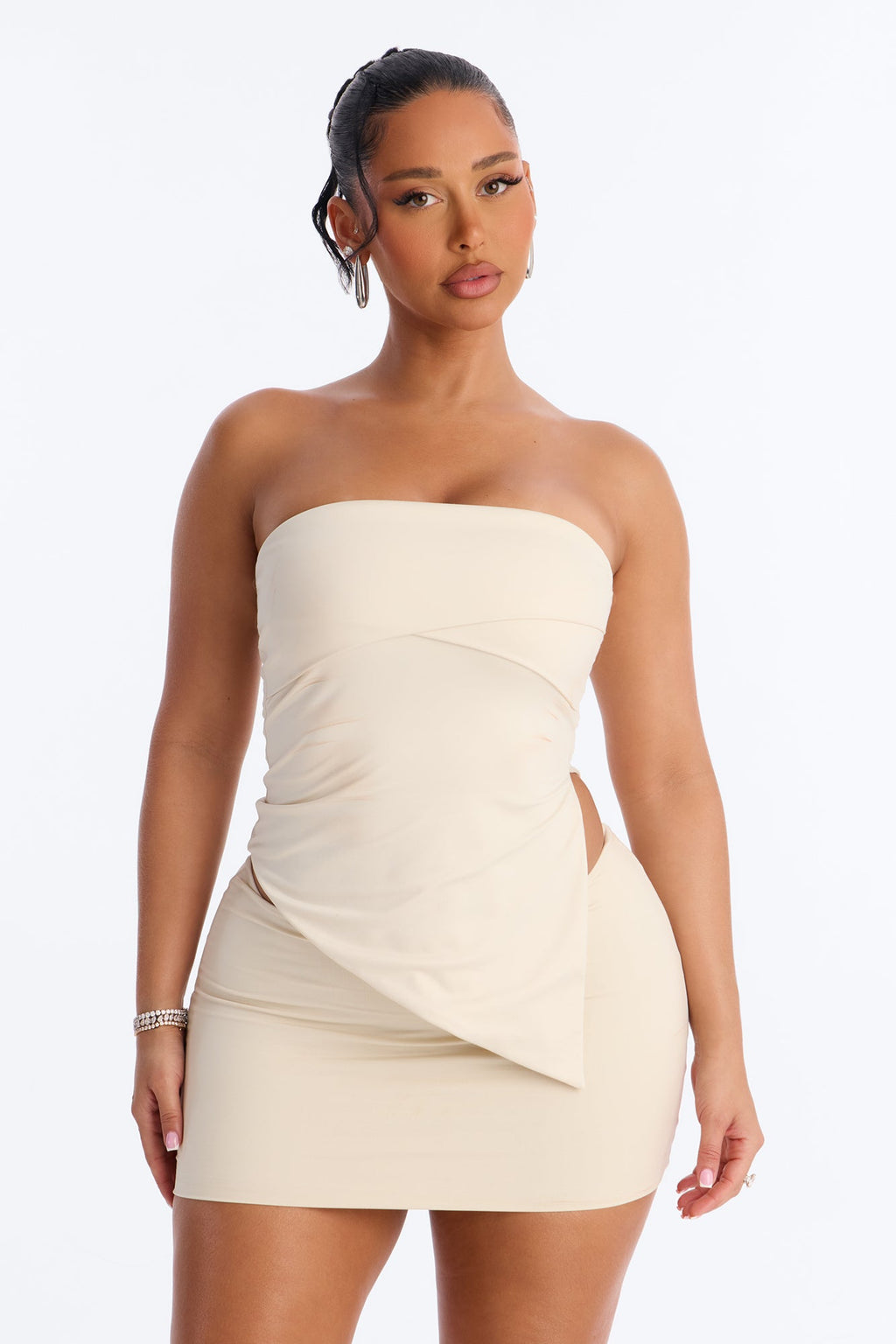 Contour Double Lined Asymmetrical Split Tube Top - Bone