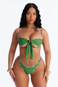 Trina 2 Piece Leopard Trim Underwire Bikini Top & Thong Set - Green