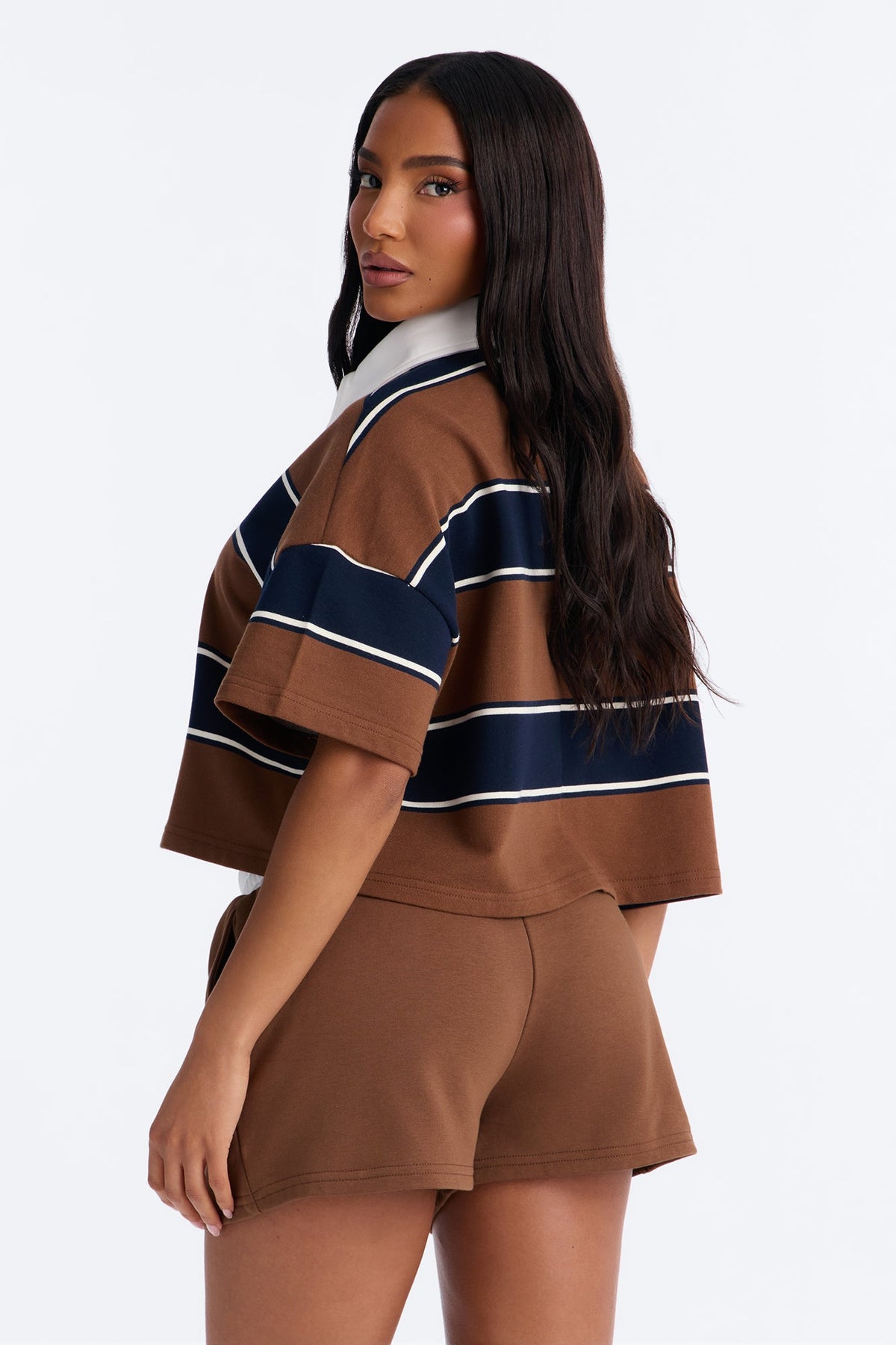 Sydney Striped Polo Lounge Short Set - Chocolate