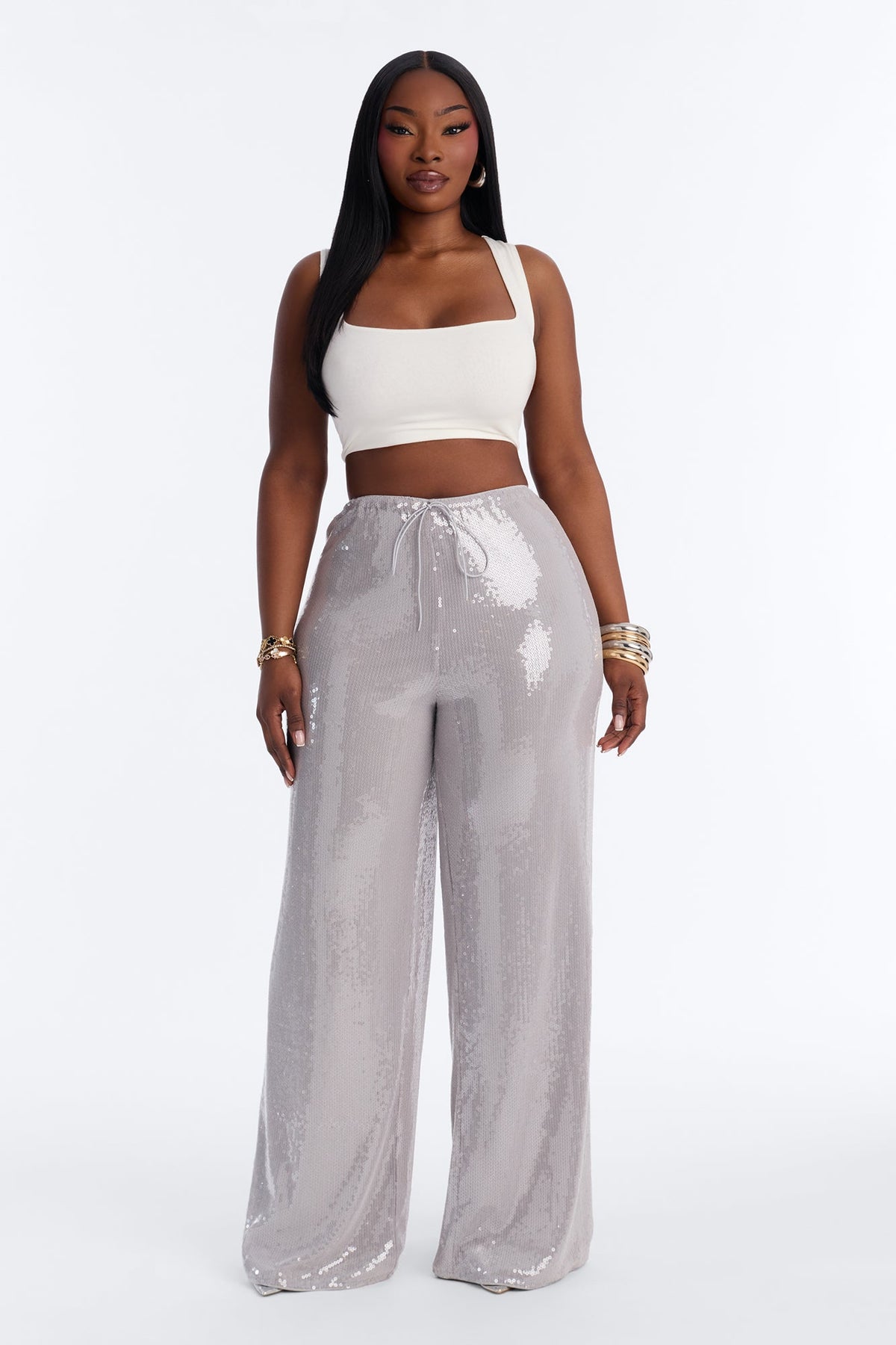 Glow Time Sequin Embellished Pants - Grey