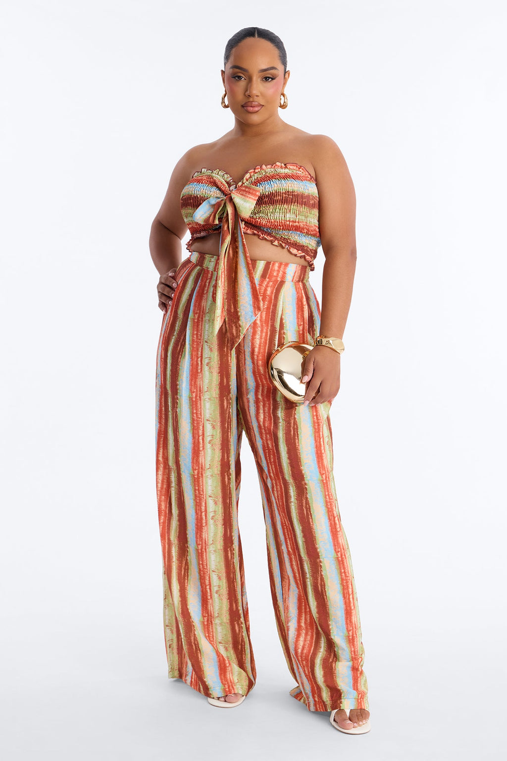 Taryn Smocked Top Wide Leg Pant Set - Rust/combo