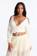 Genevieve Ruched Cold Shoulder Long Sleeve Top - Cream