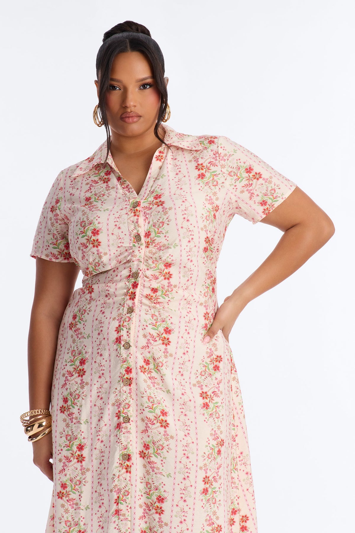 Selene Ruched Floral Midi Shirt Dress - Pink/combo