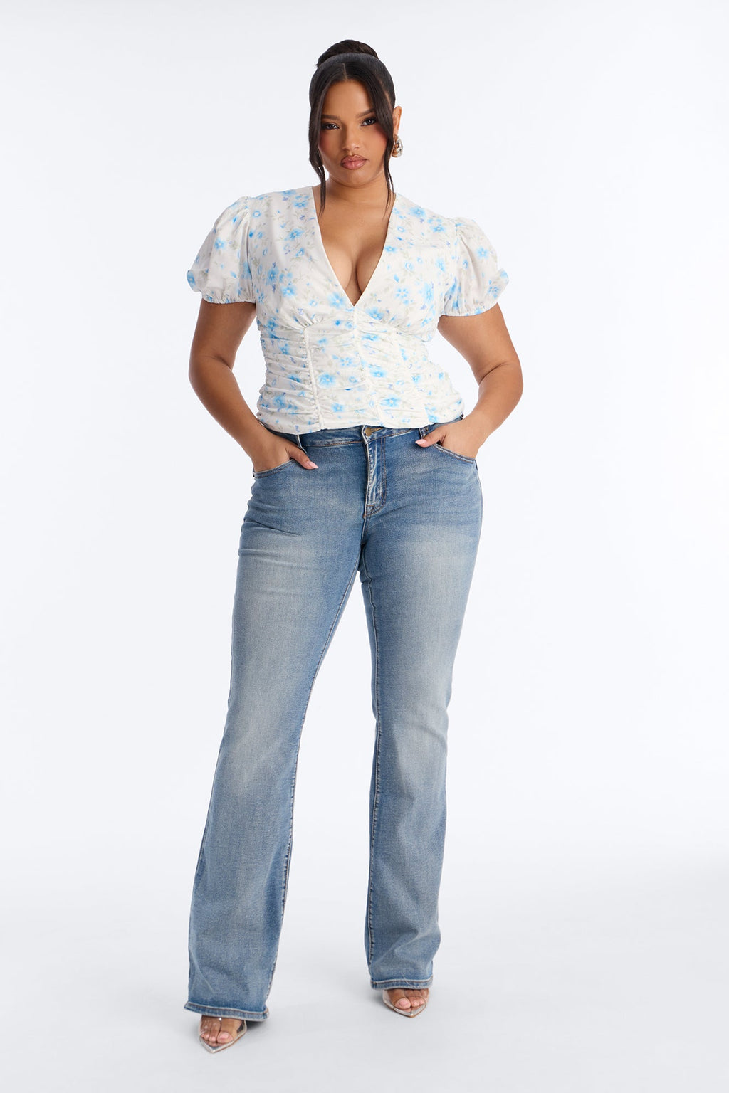 Arlene Puff Sleeved Floral Chiffon Top - Blue/combo
