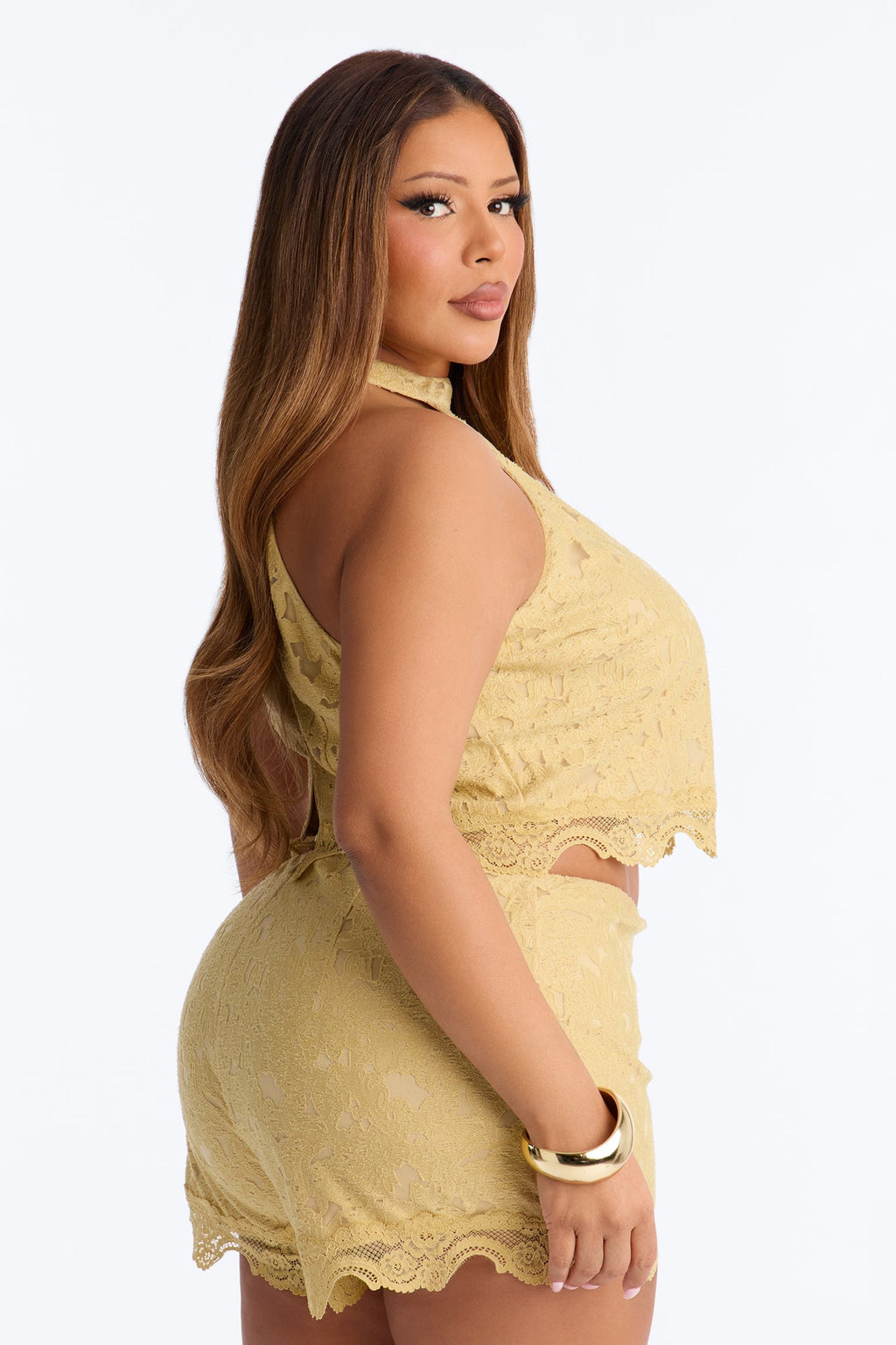 Lace Embrace Halter Top And Short Set - Yellow