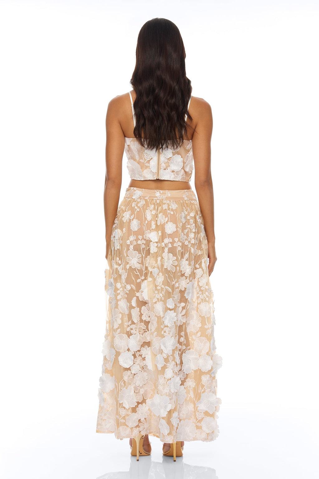 Blossom Skies Floral Embroidered Mesh Skirt Set - Cream