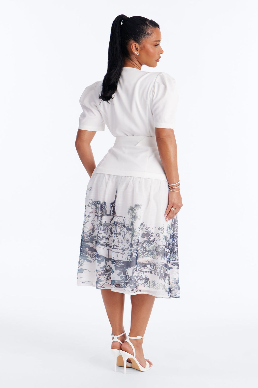 Margaret Belted Print Midi Dress - White/Blue