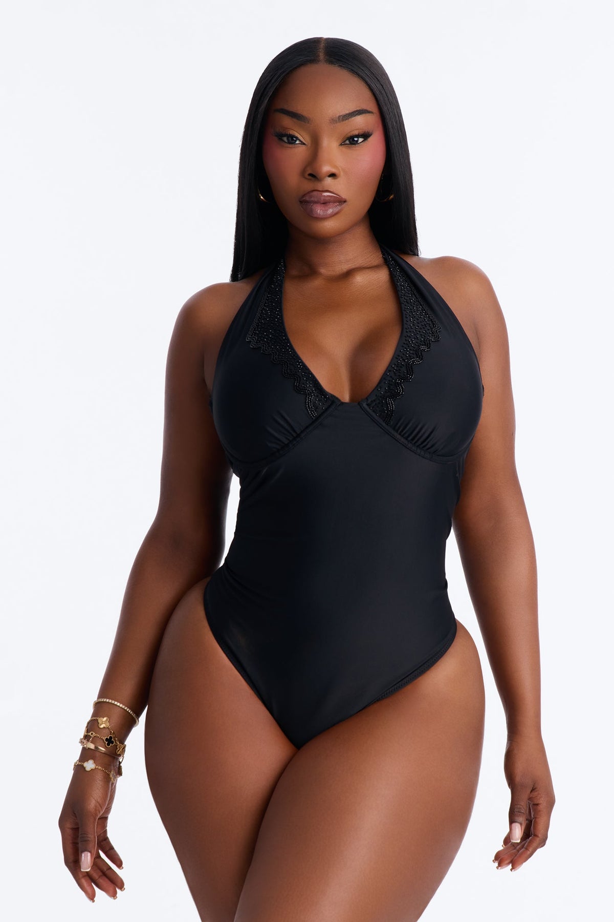Alana Underwire Rhinestone 1 Piece Swimsuit - Black