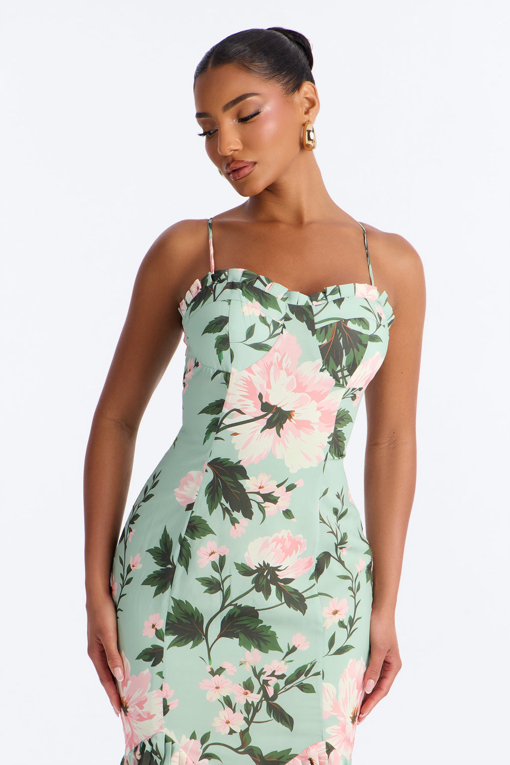Izzy Floral Chiffon Midi Dress - Green/combo