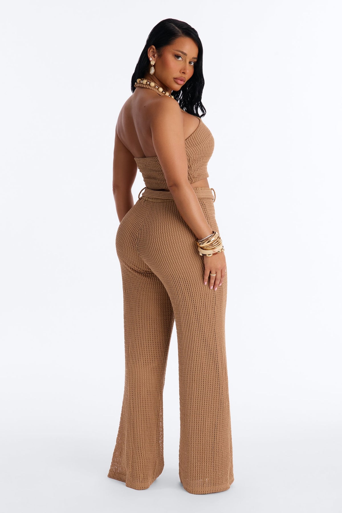 Shoreline Chic Beaded Halter Crochet Pant Set - Camel