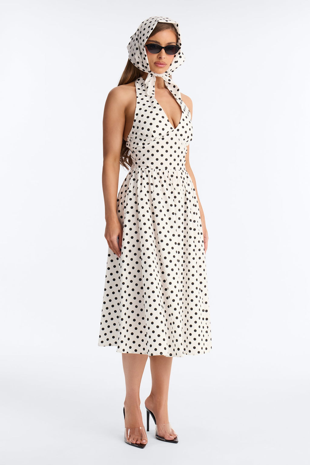Darla Halter Polka Dot Midi Dress - White/Black