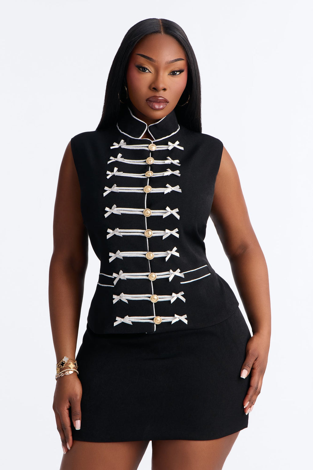 Regal Ribbon Button Up Skirt Set - Black