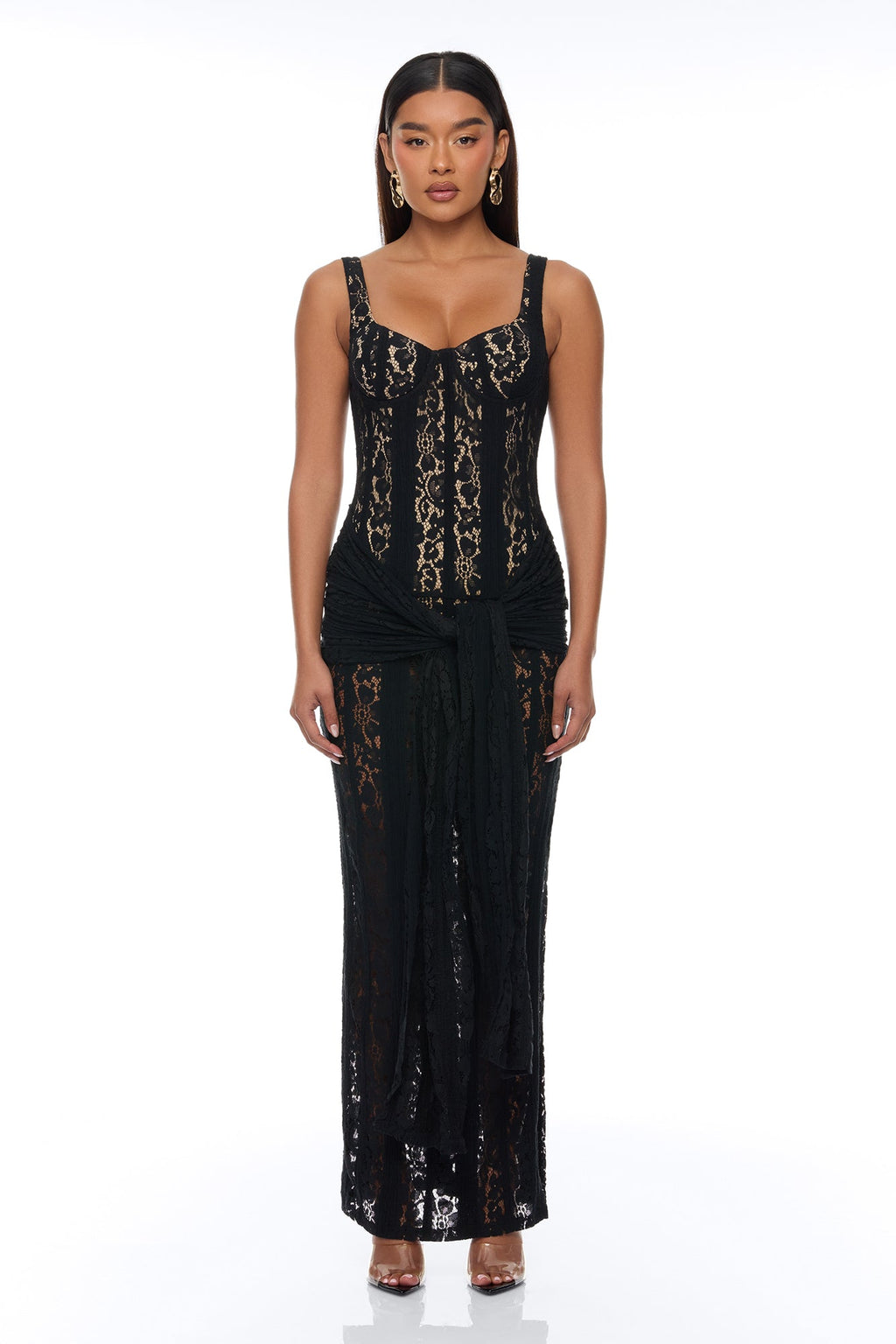 Martina Draped Lace Maxi Dress - Black