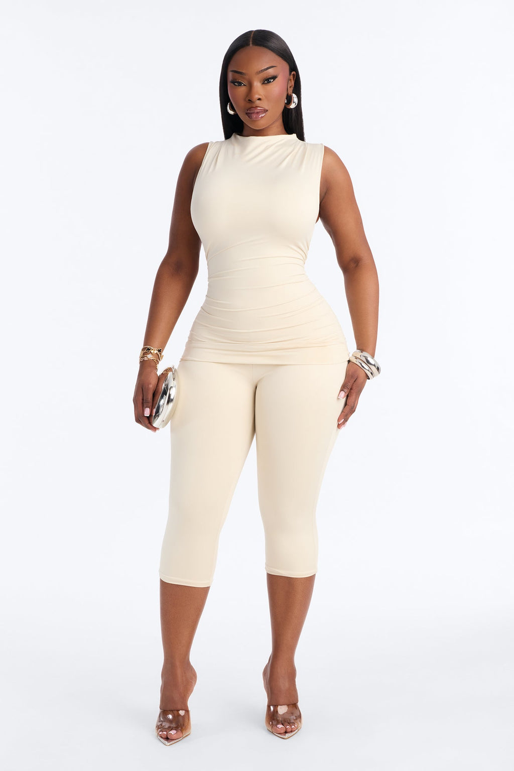 Contour Double Lined Ruched Mock Neck Sleeveless Top - Bone