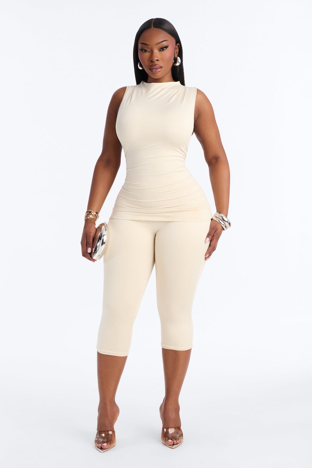 Contour Double Lined Ruched Mock Neck Sleeveless Top - Bone