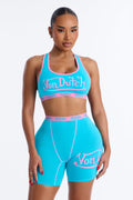 Von Dutch Contrast Stitching Bralette Boyshort High Waist 2 Piece Set - Blue