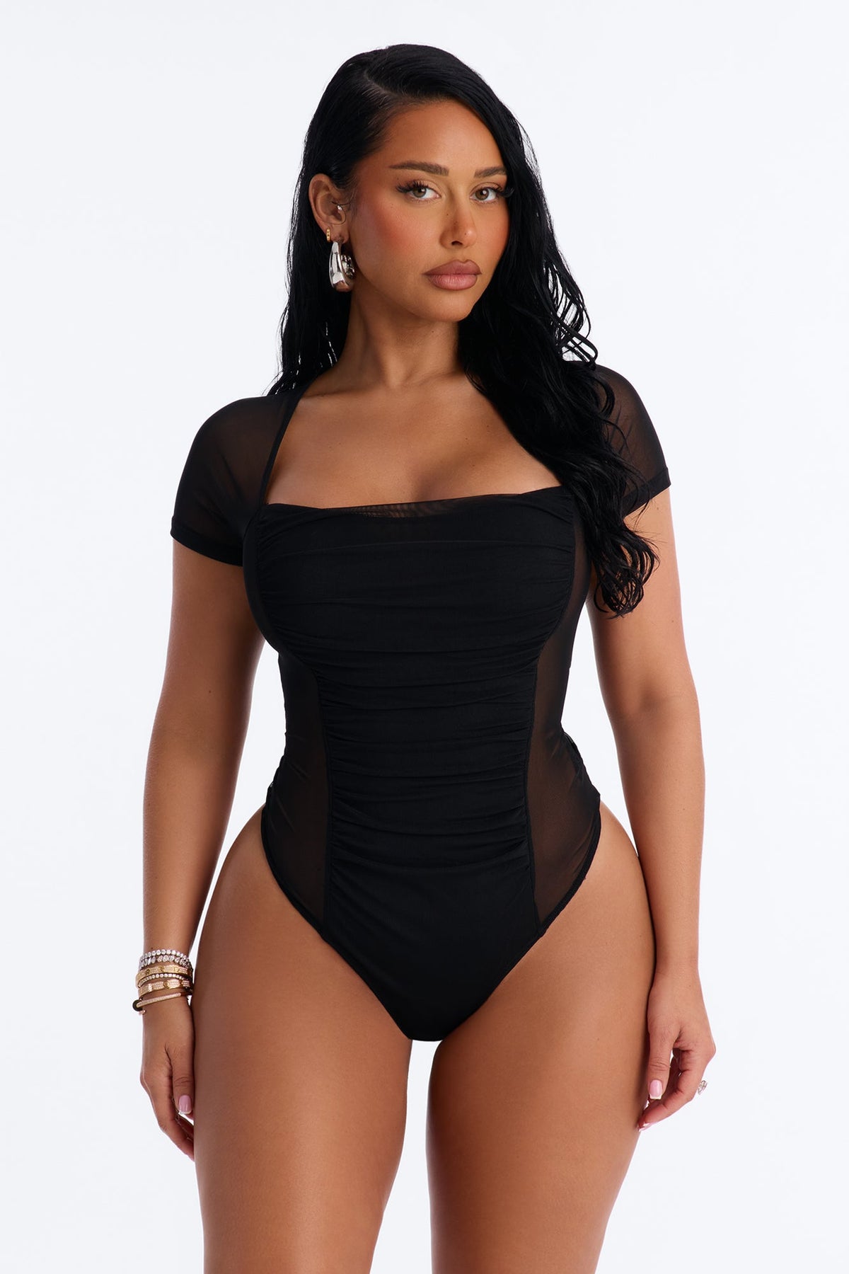 Lilly Ruched Sheer Mesh Short Sleeve Bodysuit - Black