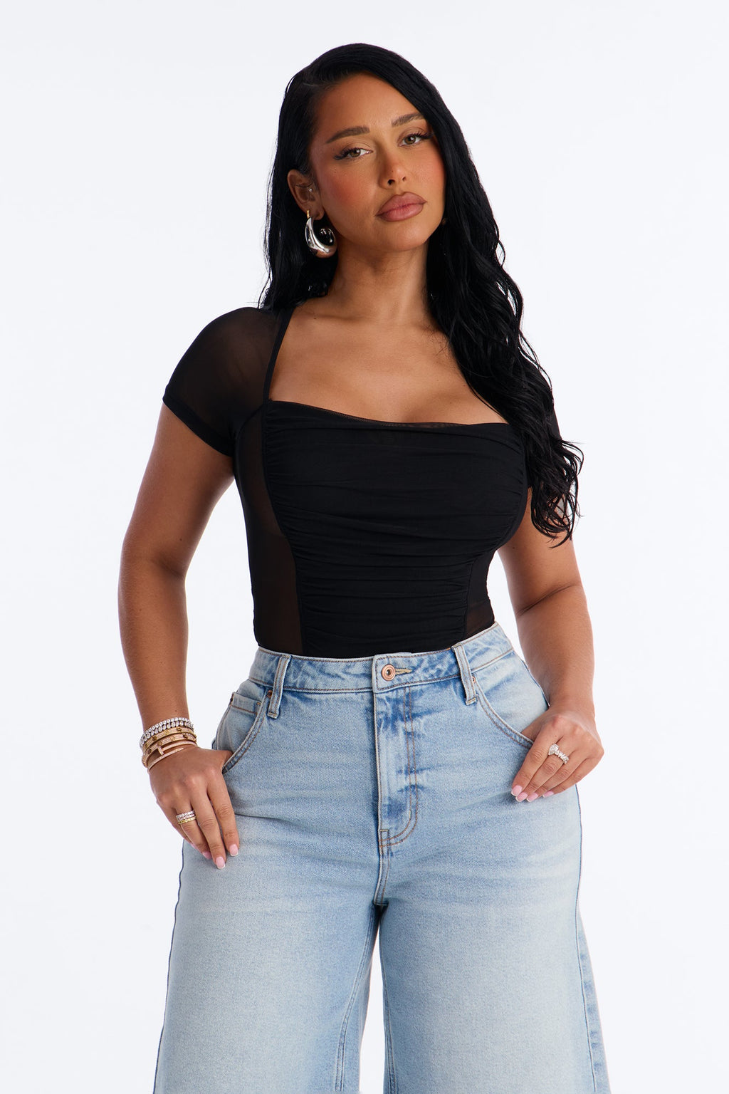 Lilly Ruched Sheer Mesh Short Sleeve Bodysuit - Black