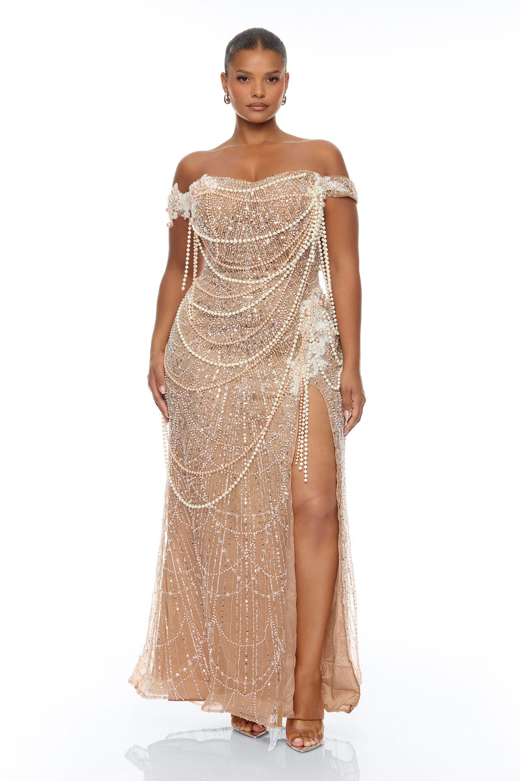 Diamonds And Pearls Embellished Gown - Nude