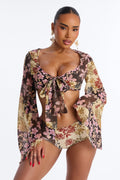 Warm Vacay Sheer Flare Sleeve Front Tie Boyshort 3 Piece Bikini Set - Brown/combo