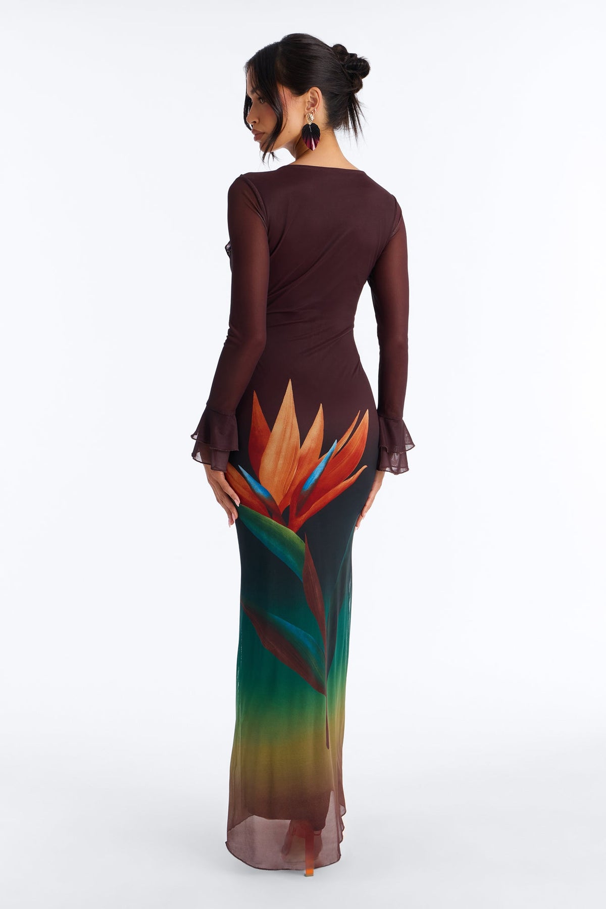 Erica Ruffle Mesh Maxi Dress - Brown/combo