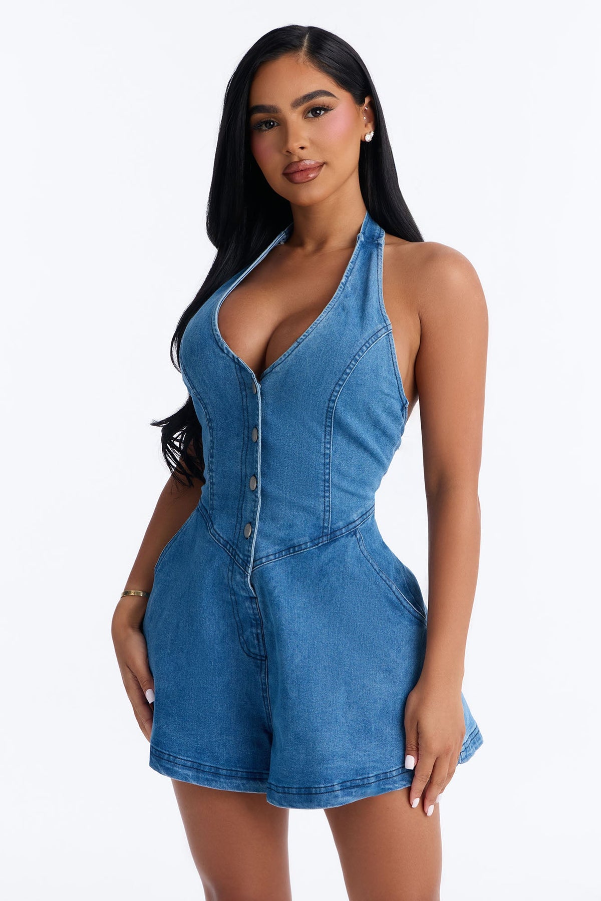 Miley Denim Halter Romper - Medium Wash