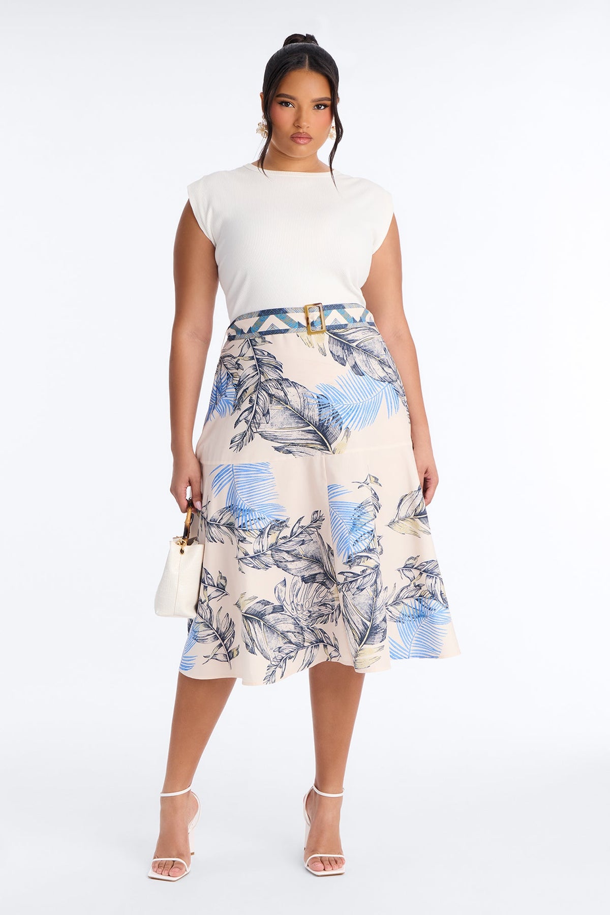 Eleanor Belted Printed Midi Dress - White/combo