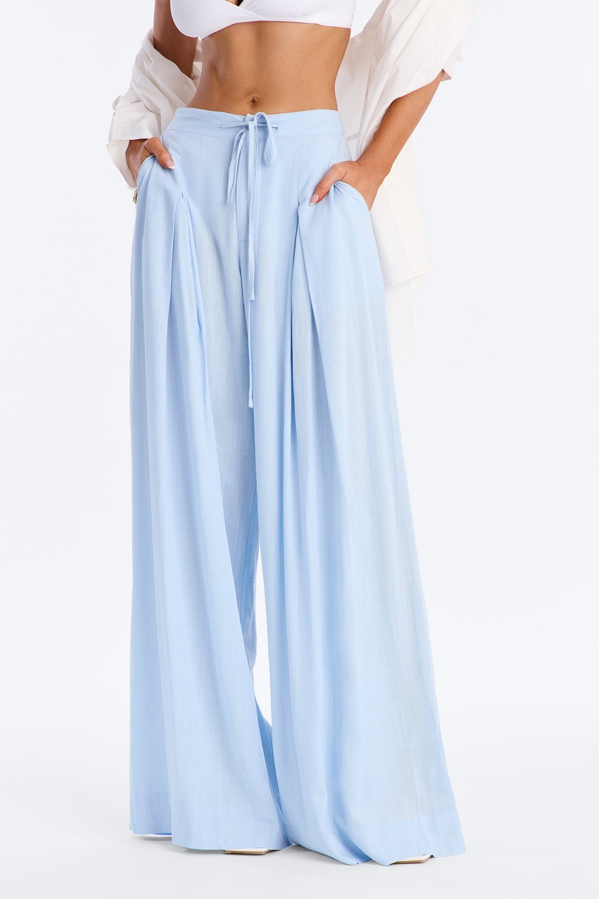 Karianna Linen Blend Wide Leg Pant - Light Blue
